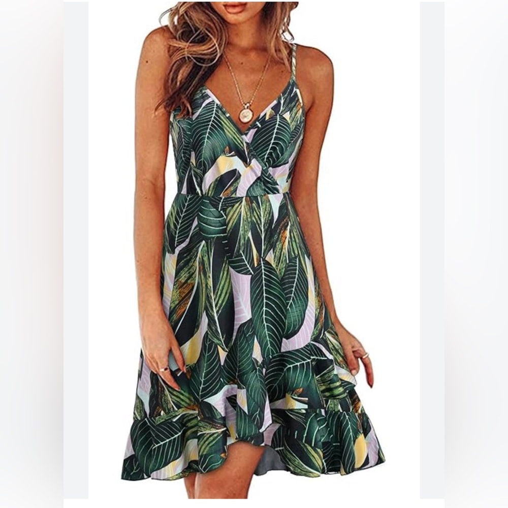 ULTRANICE Womens Floral V Neck Ruffled Hem Spaghetti Casual Beach Sun Dress